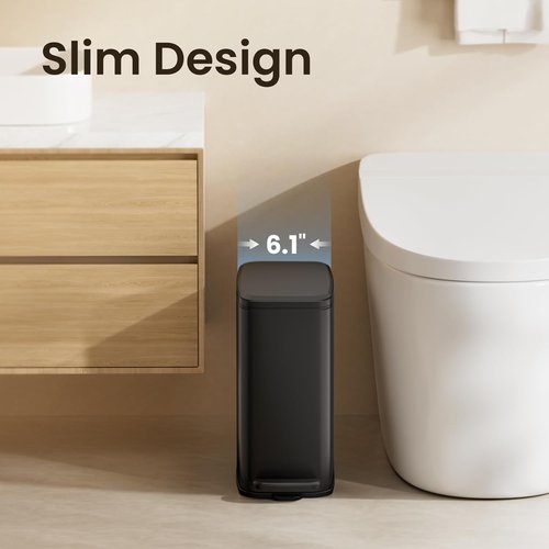Cesun Stainless Steel Slim Trash Can - 6L Soft Close Lid & Foot Pedal | Black Wastebasket for Bathroom & Office