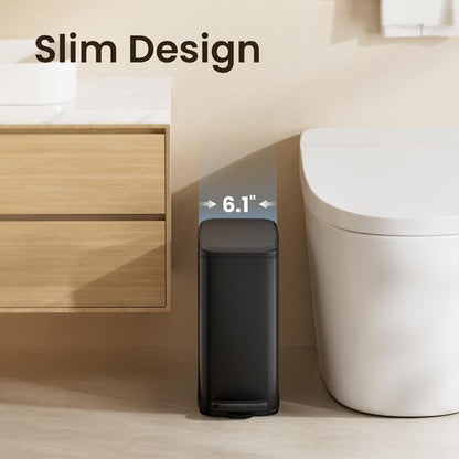 Cesun Stainless Steel Slim Trash Can - 6L Soft Close Lid & Foot Pedal | Black Wastebasket for Bathroom & Office