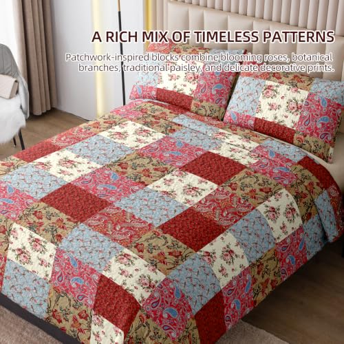 Queen Microfiber Quilt Bedding Set with Pillow Shams, All Season Red Bedspread