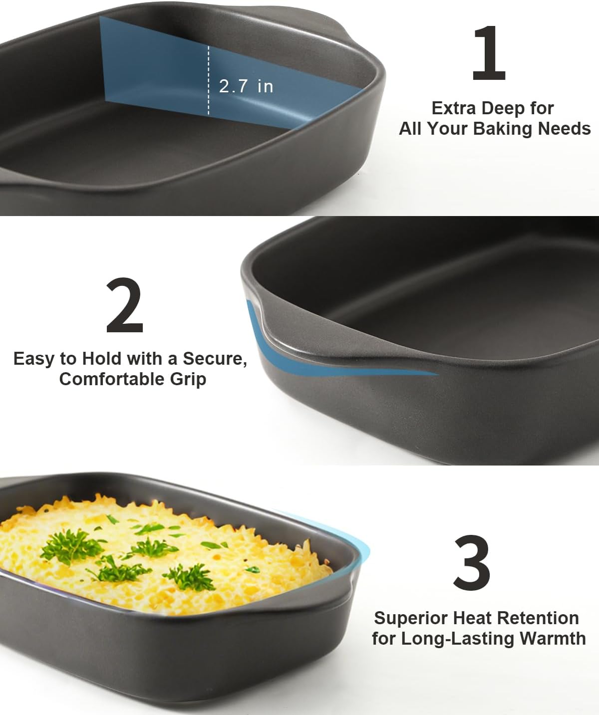 Regine Switzerland Casserole Dish Set - Ceramic Bakeware for Oven | 3 Deep Sizes: 0.63/1.8/4 QT - Matte Black