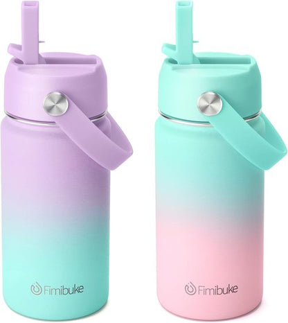 Fimibuke Kids Insulated Water Bottle - 14oz BPA-Free Stainless Steel Tumbler | Leak-Proof Double Wall Design (2 Pack, Candy/Bubble)