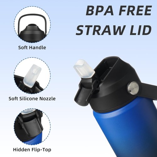 BJPKPK Insulated Water Bottle - 18oz Stainless Steel with Straw Lid & Flex Handle | BPA-Free, Leak-Proof, Black/Blue