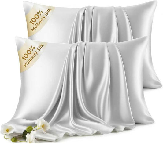 Skiennix 100% Mulberry Silk Pillowcases - Hypoallergenic & Anti-Aging, 2-Pack | Standard Size, Gray