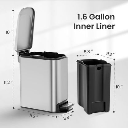 Cesun Stainless Steel Small Bathroom Trash Can - Soft Close Lid & Step Pedal | 6 Liter Mini Garbage Bin (Silver)