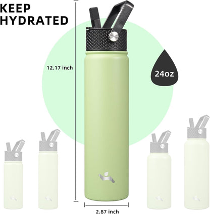 Skiennix Insulated Water Bottle - 24oz Stainless Steel Sport Bottle with 3 Lids | Macaron Green