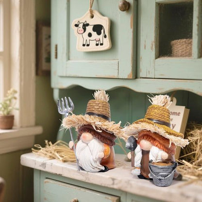 Hodao Farmer Gnomes Figurines - Rustic Hand-Painted Resin with Straw Hats & Farm Tools | Perfect Garden Decor