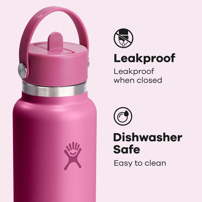 Hydro Flask Water Bottle - Insulated Stainless Steel with Wide Mouth Flex Straw Lid | 40 Oz Reef Pink, Leakproof & Refillable