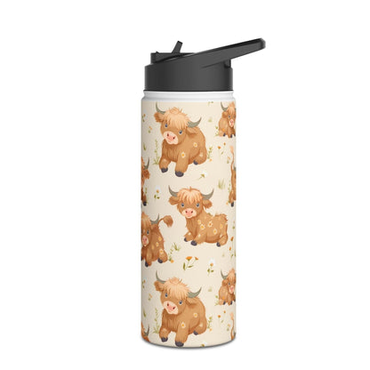 Insulated Water Bottle Thermos, 18oz, Cute Highland Cow - Double Walled Stainless Steel, Keeps Drinks Hot or Cold