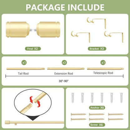 5/8” Diameter Curtain Rods 30-90 Inch, for 30-84 Inch Windows, Adjustable Splicing Gold Curtain Rods for Windows with Brackets, Window Rod Long Small Curtains Rod