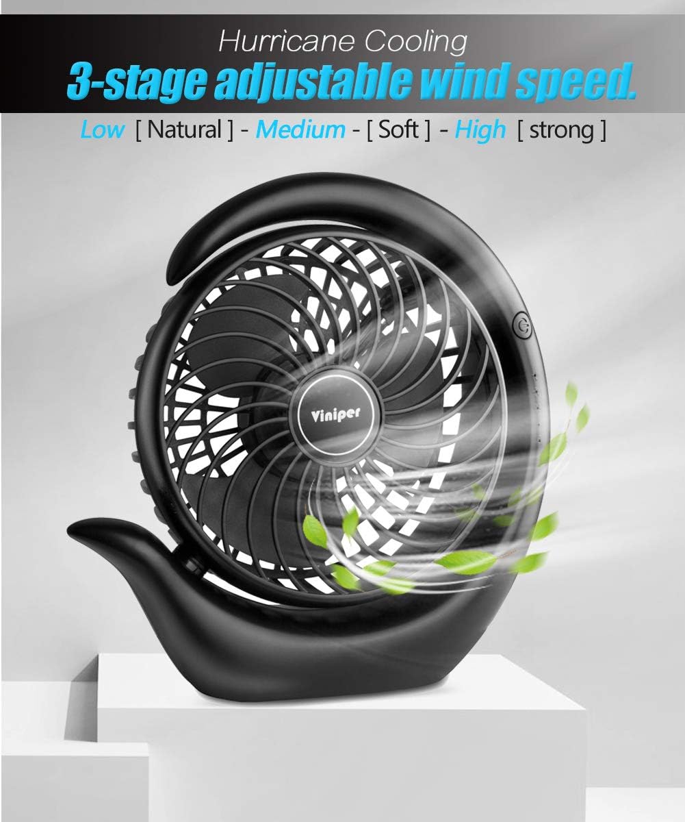 Viniper Portable Rechargeable Fan - Compact 3-Speed Desk Fan with 180° Rotation | 8-24 Hours Battery Life (Black)