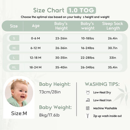 Yoofoss Baby Sleep Sack - Super Soft Rayon Made from Bamboo | 1.0 Tog, 6-12 Months, 2-Way Zipper