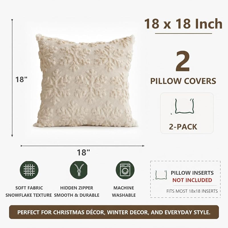 Beige Snowflake Christmas Pillow Covers 18x18 (2 Pack) - Visiontex