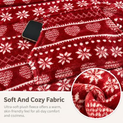 Wearable Blanket Hoodie for Adults - Fleece-Lined Cozy Oversized Wrap with Hood - Red Christmas Variation