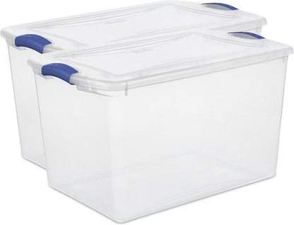 Clear Plastic Storage Bins by [Brand Name] - 66 Quart Durable Containers with Secure Blue Latch Lid | Stackable for Home & Garage Organization