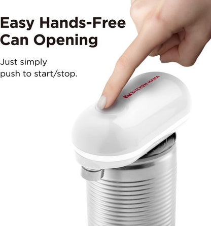 Kitchen Mama Mini Electric Can Opener - Smooth Edge, One-Press Operation, Portable & Safe for Seniors (White)