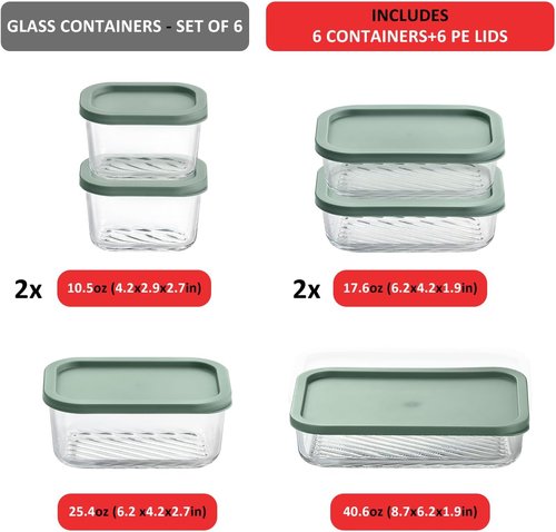 EATEX Glass Meal Prep Containers - 6 Pack BPA-Free, Stackable with Lids | Microwave & Oven Safe - Sage