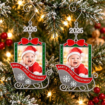 Baby's 1st Christmas Photo Ornament Set of 2 - 2026 Keepsake Sleigh Decorations with Personalizable Photo Slots