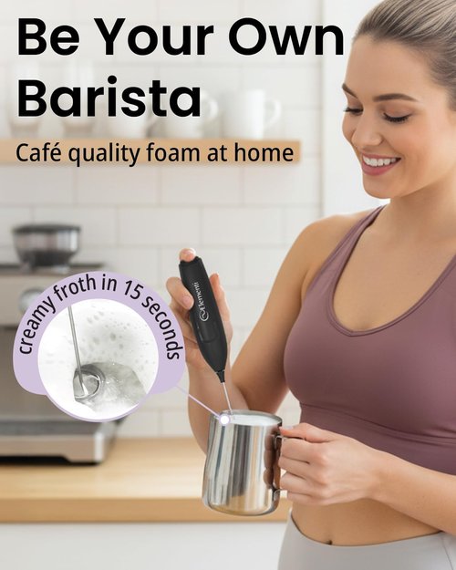 Elementi Powerful Frother Wand – Lightweight Milk Frother & Drink Mixer Handheld, Matcha Whisk for Dreamy Lattes, Powerful Coffee Mixer Wand & Blender Stirrer - Make Creamy Cappuccinos at Home (Black)