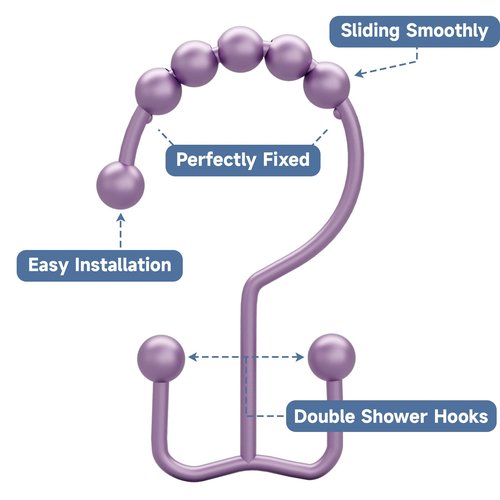 Titanker Shower Curtain Hooks Rings, Rust-Resistant Metal Double Glide Shower Hooks for Bathroom Shower Rods Curtains, Set of 12 Hooks - Greyish-Purple