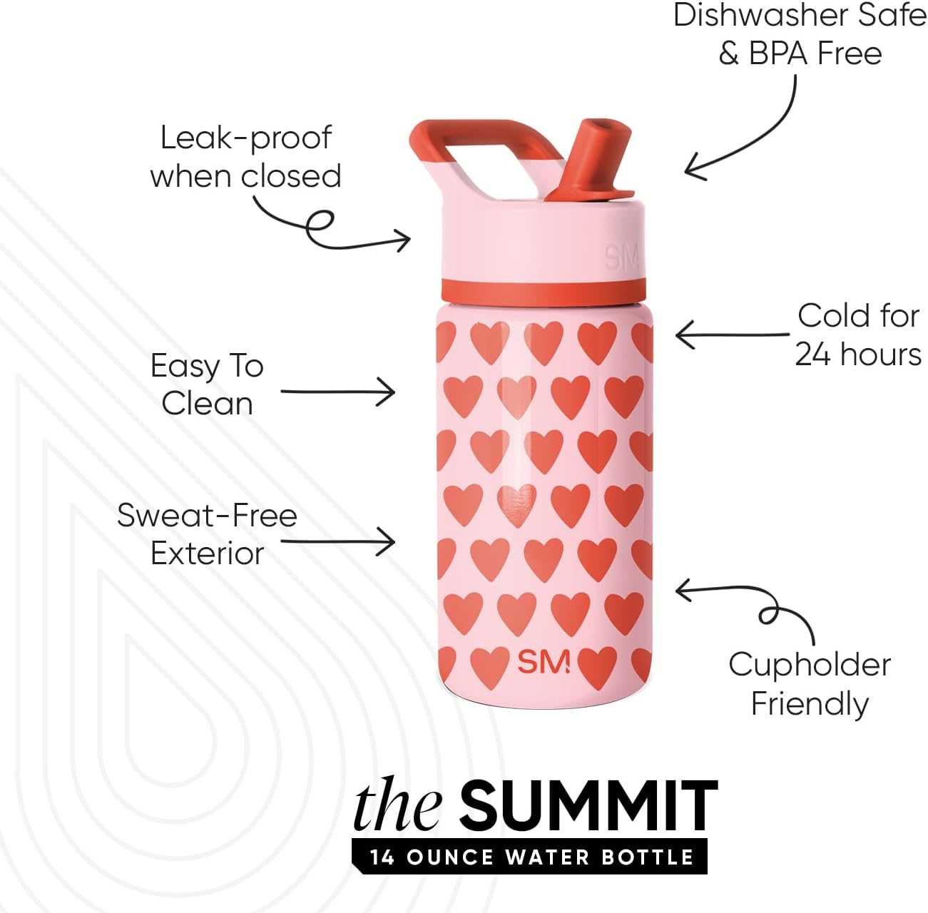 Simple Modern Kids Summit Water Bottle - Insulated 14oz Stainless Steel Tumbler with Straw Lid | Sweetheart Design