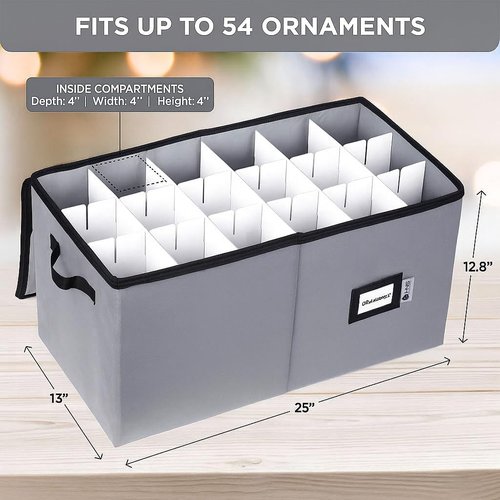 Christmas Ornament Storage Container - Large Adjustable Organizer Bin for 54 Ornaments, Zippered, Grey