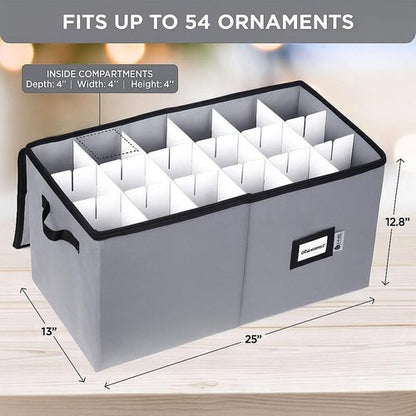 Christmas Ornament Storage Container - Large Adjustable Organizer Bin for 54 Ornaments, Zippered, Grey