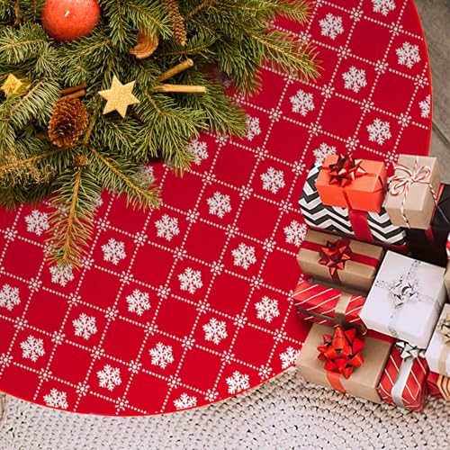 Christmas Tree Skirt 48 Inches Red with Gold Sequin Snowflakes - Holiday Decor