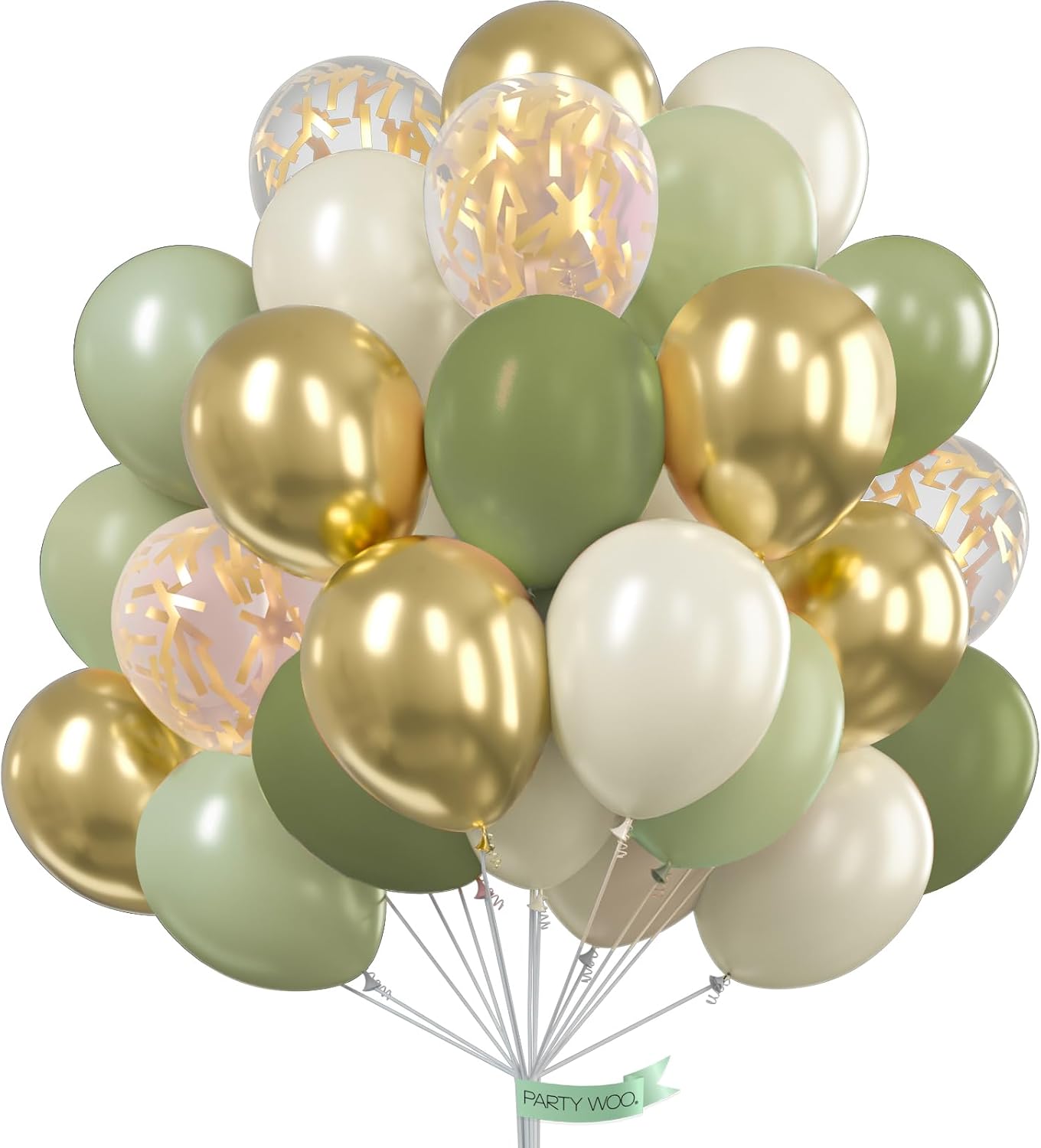 PartyWoo Sage Green Balloons - 100pcs 12 Inch Metallic Gold & White Confetti for Baby Showers & Weddings