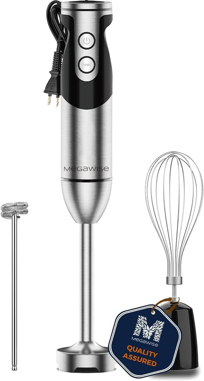 MegaWise Pro 3-in-1 Immersion Hand Blender - Powerful Copper Motor, 12-Speed, Includes Whisk & Frother