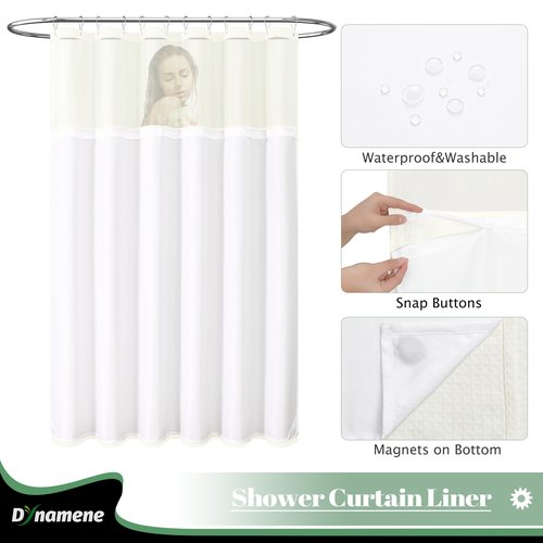Dynamene 78 Inch Long Shower Curtain, Tall Waffle Fabric Shower Curtains for Bathroom, Hotel Waterproof Cloth Shower Curtain Liner Set with Hooks, Snap in Liner, Mesh Top Window, Cream, 72x78