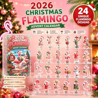 Christmas Flamingo Advent Calendar with 24 Unique 2D Acrylic Figurines - Variation of 1