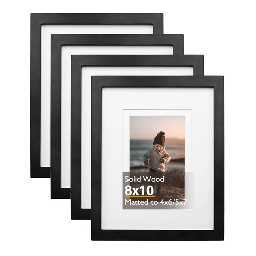 KINLINK 8x10 Picture Frame Black, Solid Wood Frames with Acrylic Plexiglass for Pictures 4x6/5x7 with Mat or 8x10 without Mat, Tabletop and Wall Display Photo Frame, Set of 4