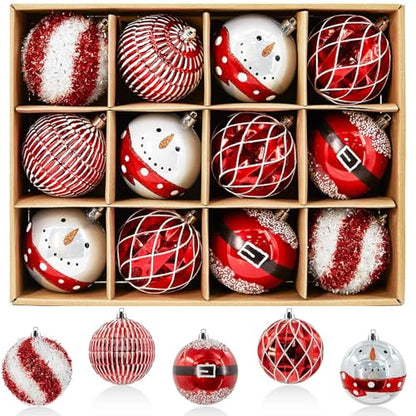Christmas Tree Ornaments 12-Pack Red & White Plastic Shatterproof Balls 3.15 Inch