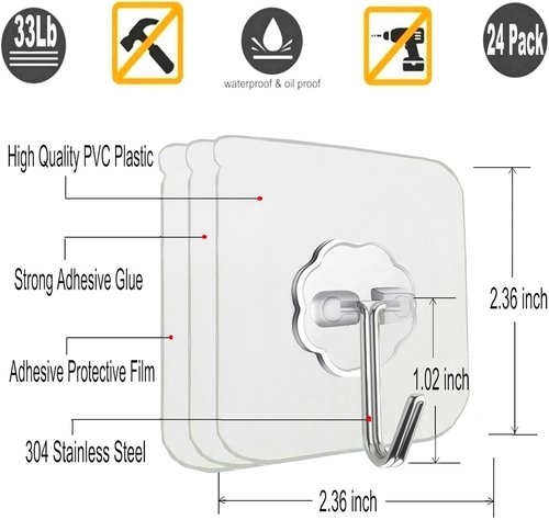 Jwxstore Heavy Duty Self-Adhesive Hooks - 33lb Max Capacity, Waterproof, Transparent | 24 Pack for Home & Outdoor Use