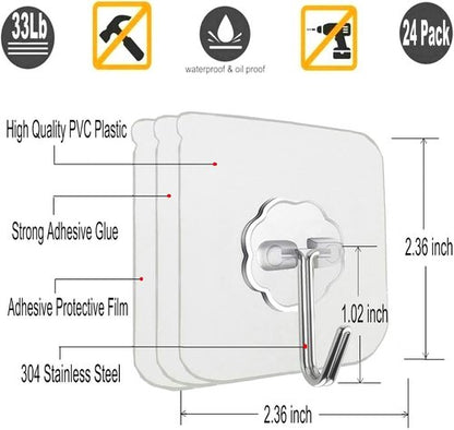 Jwxstore Heavy Duty Self-Adhesive Hooks - 33lb Max Capacity, Waterproof, Transparent | 24 Pack for Home & Outdoor Use
