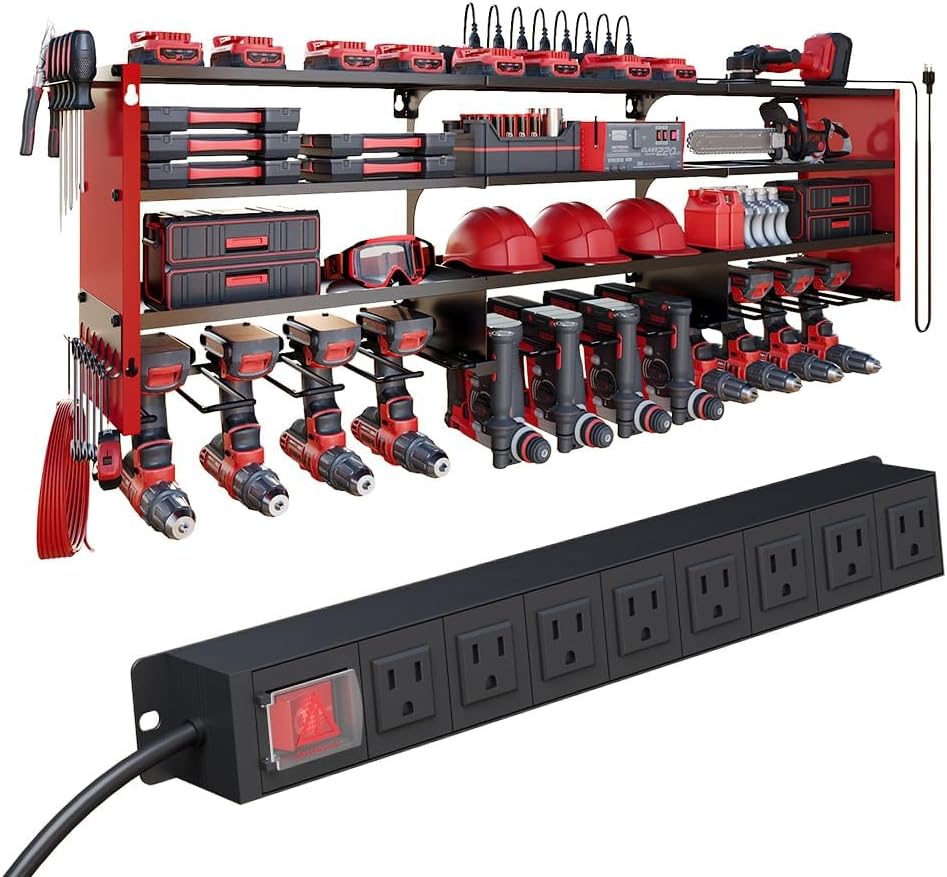 Power Tool Organizer by [Brand Name] - Heavy Duty Wall Mount Shelf with 400lbs Capacity | 12 Slots & 8 Outlets
