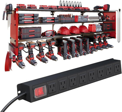 Power Tool Organizer by [Brand Name] - Heavy Duty Wall Mount Shelf with 400lbs Capacity | 12 Slots & 8 Outlets