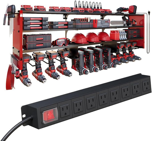 Power Tool Organizer by [Brand Name] - Heavy Duty Wall Mount Shelf with 400lbs Capacity | 12 Slots & 8 Outlets