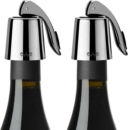 OWO Stainless Steel Wine Bottle Stopper, Reusable Wine Saver with Silicone Seal, Decorative Bottle Sealer, Keeps Fresh (Metal Black, 2 Pack)