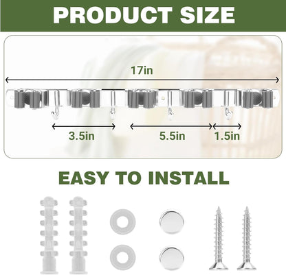 UNIFUN Broom Holder Wall Mount - Heavy Duty Stainless Steel Organizer with 5 Racks & 4 Hooks | Grey