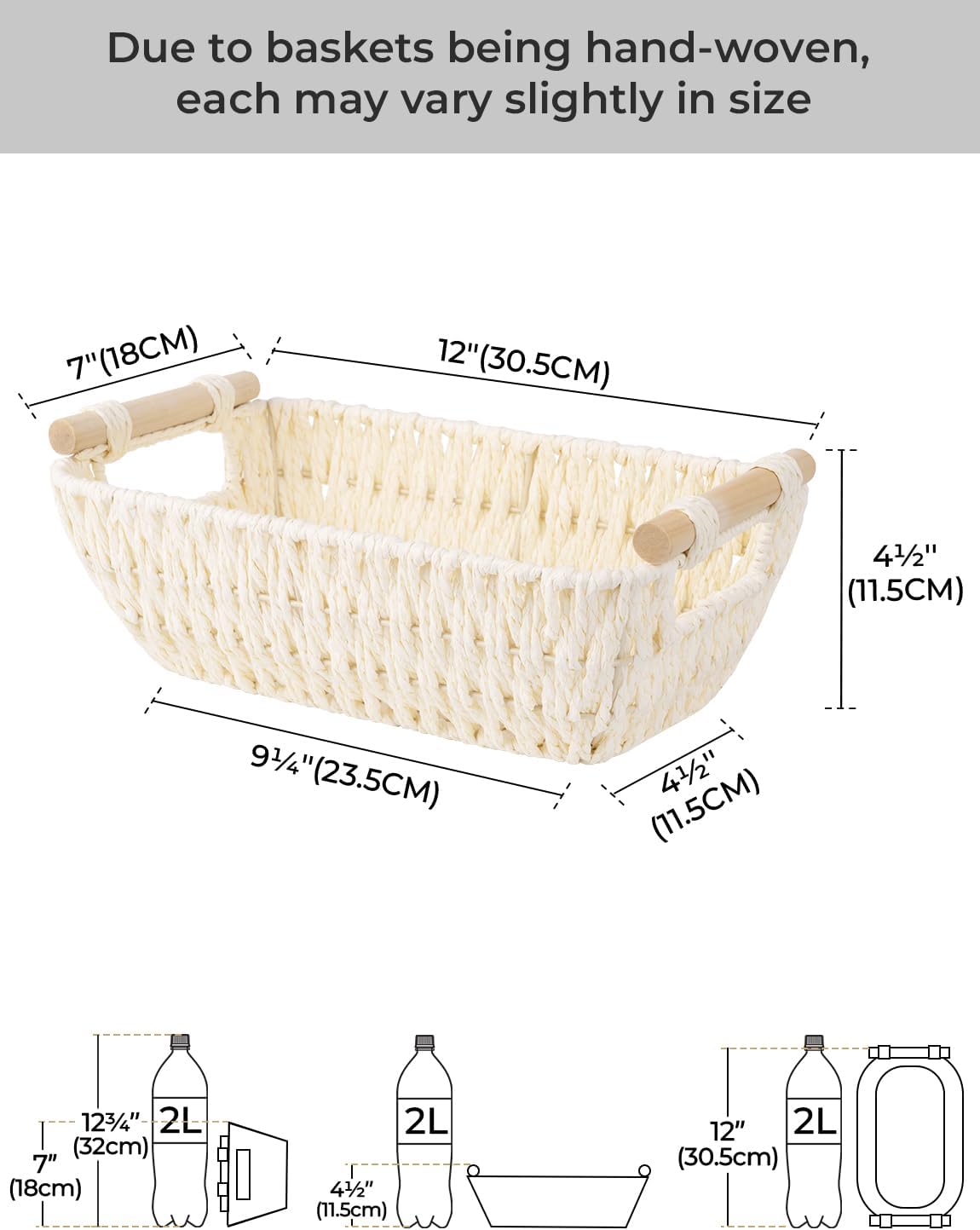 StorageWorks Round Woven Paper Rope Basket - Stylish Beige Baskets with Wooden Handles | 2-Pack