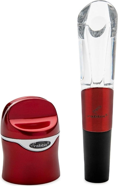 Rabbit Aerate and Preserve Wine Set, Wine/Champagne Sealer and Super Aerator (Red), Standard