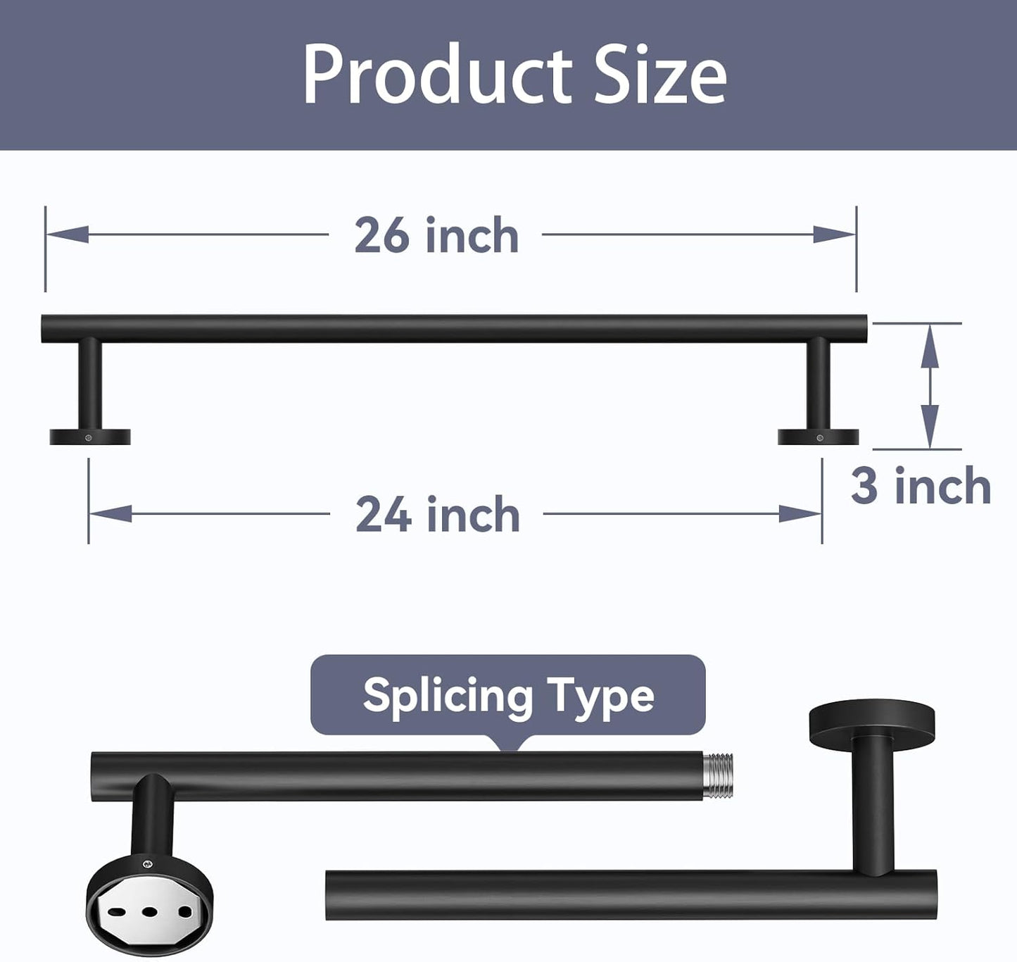 Skiennix Matte Black Towel Bar - 24 Inch Wall-Mounted Towel Rack | Durable SUS304 Stainless Steel