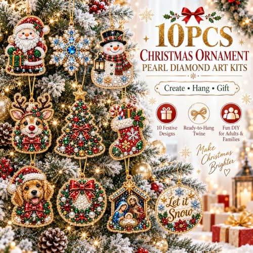 Christmas Pearl Diamond Art Kits - 10pcs Holiday Ornaments with Gems & Twine - Variation #J
