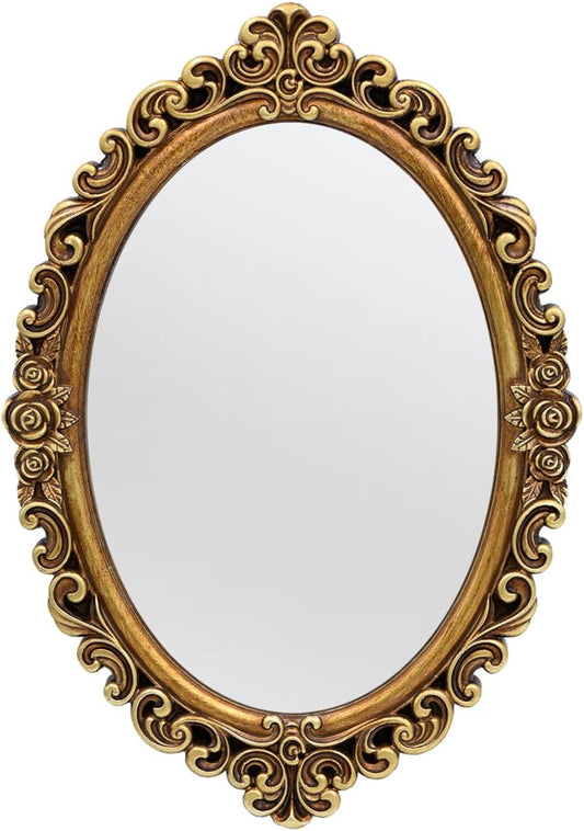 OIGUMR Oval Wall Mirror - Vintage Resin Frame, 12 x 8.3 Inch - Elegant Gold Hanging Decor for Bedroom & Living Room
