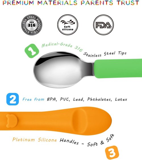 Bakpoco 6PCS Toddler Utensils Set - 316 Stainless Steel Baby Forks & Spoons with Silicone Handles - BPA Free, Dishwasher Safe, Bright Colors