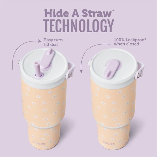 Ello Oasis Go+ 32oz Tumbler - Reusable Insulated Stainless Steel Cup with Retracting Straw | Daisies, 100% Leakproof