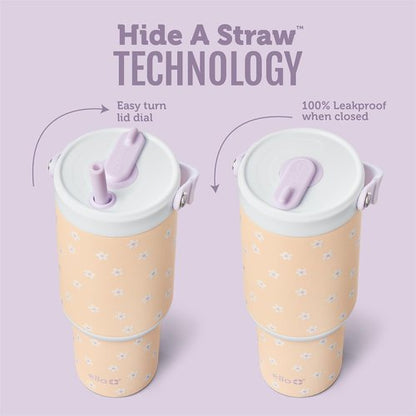 Ello Oasis Go+ 32oz Tumbler - Reusable Insulated Stainless Steel Cup with Retracting Straw | Daisies, 100% Leakproof