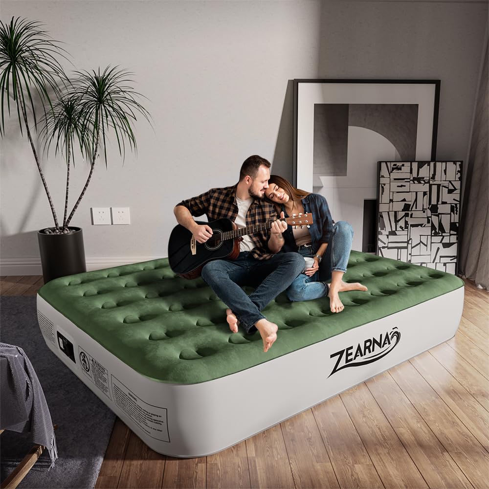 Zearna Air Mattress Queen with Built in Pump - Upgraded Blow Up Bed, 2 Mins Quick Self Inflatable, 13"/650lbs Max, All Night No Lost Air, Strong Support, for Camping,Home,Guests,Portable Travel
