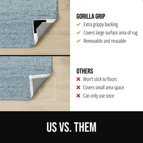 GORILLA GRIP® 12 Pack Extra Wide Dual Sided Rug Gripper Pads, Holds Carpet in Place on Hardwood Floors and Tile, Removable Reusable Sticky Corner Grippers, Universal Fit Floor Pad for Under Area Rugs
